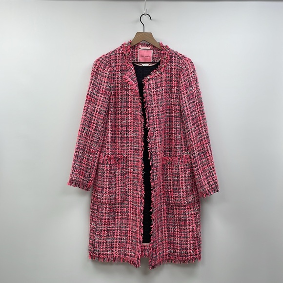 Kate Spade Tweed Open Front Fringe Peacoat Winter Jacket Preppy Pink 6 - Picture 4 of 11